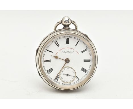 A LATE VICTORIAN SILVER OPEN FACE KEY WOUND POCKET WATCH, the white enamel dial, with black Roman numerals, outer minutes tra