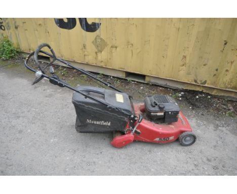 A MOUNTFIELD MODEL E531 PETROL CYLINDER SELF PROPELLED LAWNMOWER, with grass box (condition report: engine turns but not test