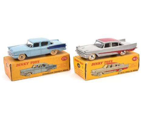 2 Dinky Toys American Cars. Studebaker President Sedan (179) in light blue with dark blue flash with cream wheels. Plus a De 