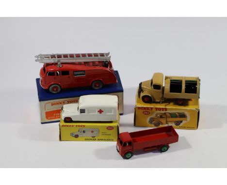 4 Dinky Toys. Commer Fire Engine - with extending ladder (555). Bedford Refuse Wagon (252) in light brown with green doors an