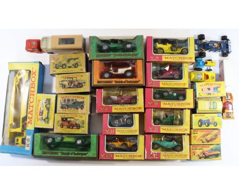 22 Matchbox vehicles. Including 3x Matchbox Series; 23d, Trailer Caravan in pink. 39b, Pontiac Bonneville Convertible in lemo