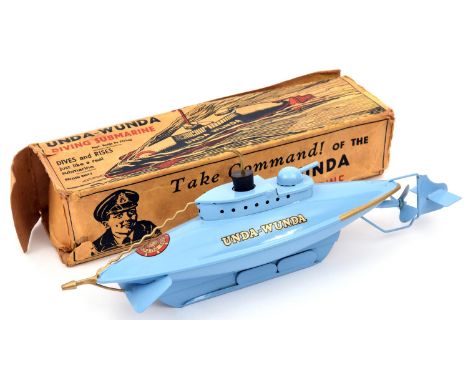 An early Sutcliffe tinplate clockwork 'Unda-Wunda Diving Submarine. An example in light blue with gold painted detailing, Sut
