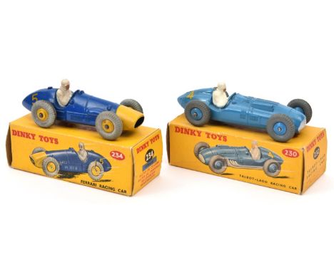 2 Dinky Toys single seat racing cars. Talbot Lago (230) in mid blue with mid blue wheels, RN4. Plus a Ferrari (234) in dark b