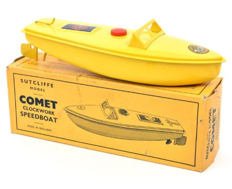 Sutcliffe tinplate clockwork Speed Boat. Named 'COMET' in bright yellow with Comet and Sutcliffe decals to deck. With rudder,