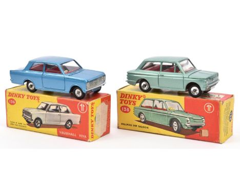 2 Dinky Toys. Vauxhall Viva (136). Example in light metallic blue with red interior. Plus a Hillman Imp Saloon (138). In ligh