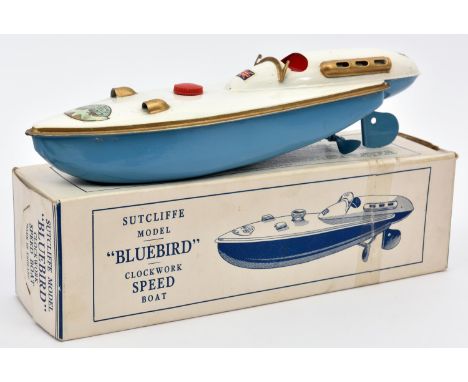 Sutcliffe tinplate single hulled Bluebird clockwork Speed Boat. In white and light blue, with gold trimmings and red cockpit,