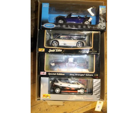 8 1:18 Scale Vehicles. 3x Maisto- Jeep Wrangler Sahara in metallic maroon. Porsche Boxster in silver. Plus a Mercedes-Benz A 