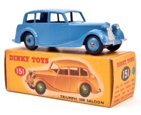 A Dinky Toys Triumph 1800 Saloon 151. Light blue body with light blue hubs. Boxed, minor wear. Vehicle Mint. Plate 4. £60-80 
