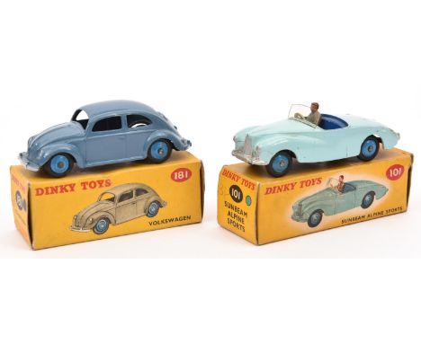 2 Dinky Toys. Sunbeam Alpine Sports (101). Example in light blue with dark blue interior and mid blue wheels, with grey suite