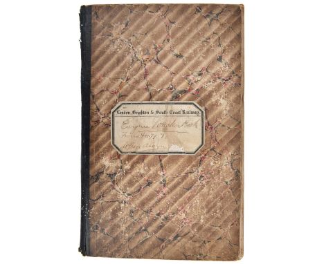 An LBSCR Engine Voucher Book from 1879-1881. Listing test runs of various locomotives. Subsequently used as a scrap book for 