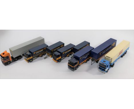 5 Dutch Tekno Trucks. 2x 1970's Volvo forward control 3 axle trucks with tilt and 2 axle trailers with tilt, in blue/yellow l