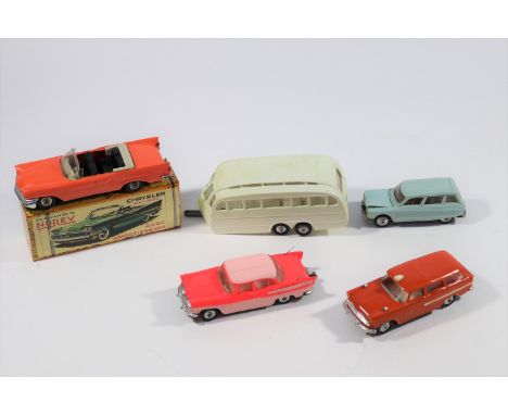5 1960's Norev plastic vehicles. A Chrysler New Yorker Convertible in salmon pink, with a good copy box. Plus a 2 axle Carava