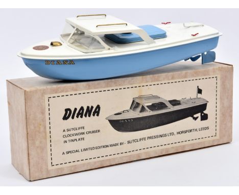 A 'Special Limited Edition' Sutcliffe tinplate clockwork Cruiser. A very late example named 'DIANA' in white and light blue w