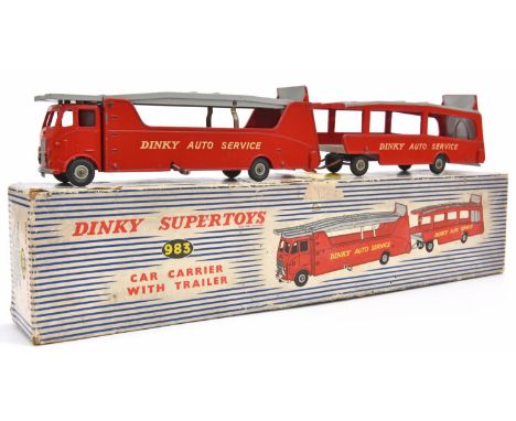 Dinky Supertoys Car Carrier With Trailer (983). In bright red and light grey livery, 'Dinky Auto Service' to sides. Boxed, so