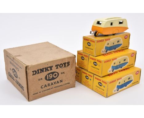 A Dinky Toys Trade Pack of 6 CARAVAN (190). Containing 3x mid blue/cream examples and 3x deep yellow/cream examples. All indi
