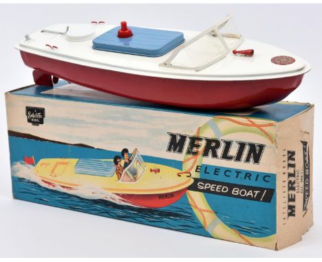 Sutcliffe tinplate battery powered electric Speed Boat. Named 'MERLIN' in white and red, with light blue hatch cover. With ru