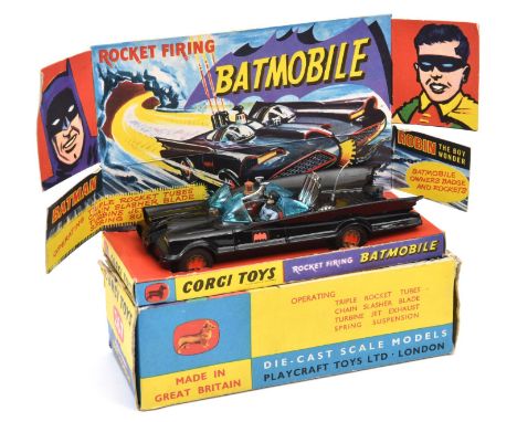 Corgi Toys Batmobile (267). 2nd type in gloss black with gold wheels/red bats,original wide rubber tyres, no towing hook, blu