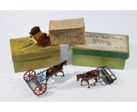 3x Britains Home Farm Series sets. A Horse Roller (9F) comprising horse, roller and driver. A Horse Rake (8F) comprising hors