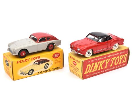 2 Dinky Toys. AC Aceca Coupe (167). Example in light grey with red roof and wheels. Plus a Volkswagen Karmann Ghia (187) in r