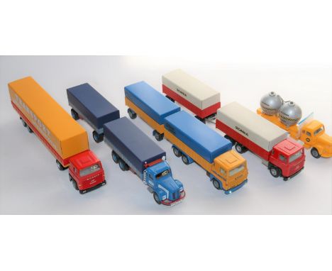 5 Danish/Dutch Produced Tekno Trucks. A Danish Scania 111 3 axle forward control truck with tilt and 2 axle drawbar trailer w
