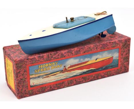 Hornby Speed Boat/Racing Boat No.1. A tinplate clockwork powered boat painted in light blue and cream with dark blue band, na