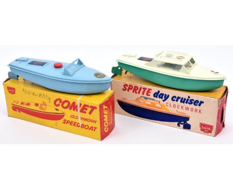 2 Sutcliffe tinplate clockwork boats. 'COMET' Clockwork Speedboat in light blue, with 'COMET' and Sutcliffe decals to deck. P