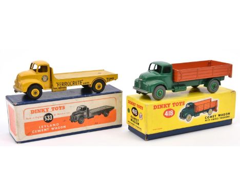 2 Dinky Toys. Leyland Comet Wagon with hinged tailboard (418). With mid green cab and chassis, orange body and light green wh