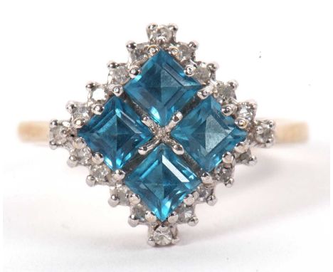 A 9ct topaz and diamond ring, the four square step cut blue topaz surrounded by small round diamonds, with plain band hallmar