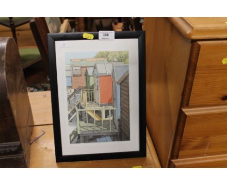 After David Green, a coloured print "Beach Huts at Southwold"