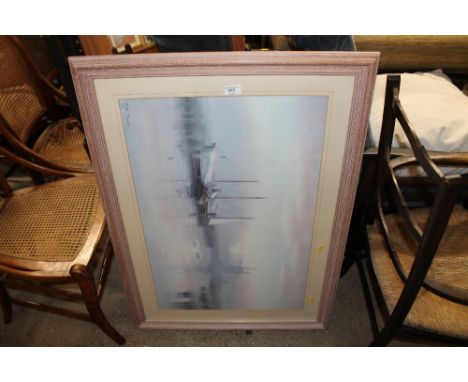 A large coloured print depicting boats on the canal with windmill to the background 