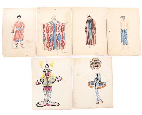 Six Gilbert Adrian costume designs, probably for 'Hassan', 1924, pencil and watercolour, including two brightly coloured exam