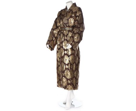 A Dries van Noten stencilled gold coat, 1990s, labelled and size M, with belt of matching fabric; together with a Dries van N