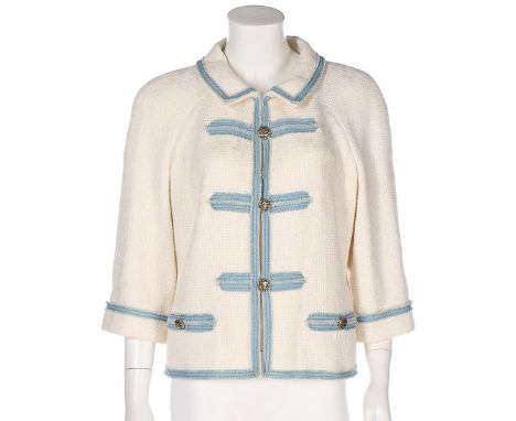 Two Chanel white cotton-blend jackets, 2000s, labelled, the first with chunky gilt double 'C' buttons and trimmed in blue den