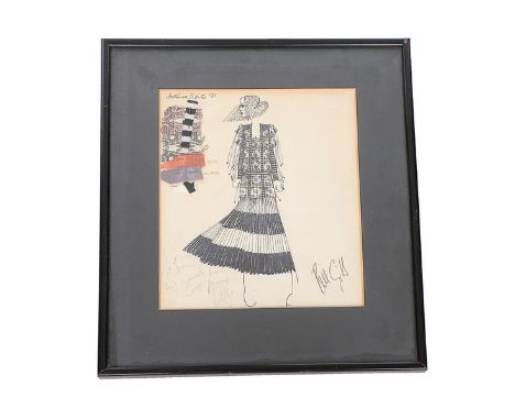 A matching Bill Gibb sketch for the printed silk foulard kimono ensemble, Autumn-Winter 1976-77, pen and ink with attached fa