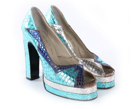 A pair of Terry de Havilland metallic snakeskin platform shoes, 1970s, lycodonomorphus rufulus, stamped to interiors, in shad