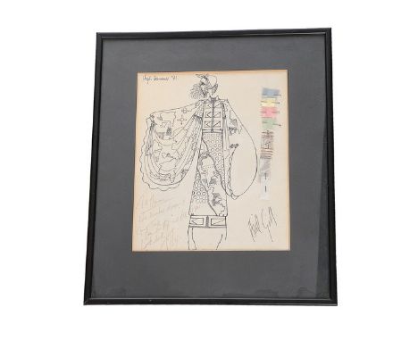 A matching Bill Gibb sketch for the pastel silk ensemble, Spring-Summer 1977, pen and ink with attached fabric swatch, dedica