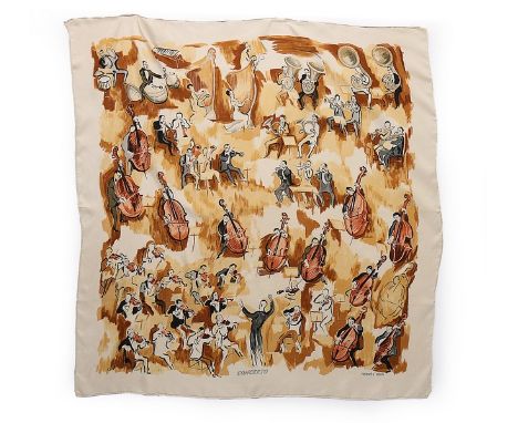 Two Hermès printed silk scarves designed by Louis Clerk, the first 'Concerto', probably 1963; the second 'La Danse', modern r