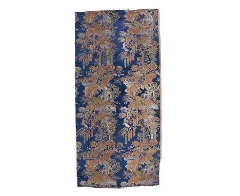 Two loom widths of brocaded silk, first half 18th century, the first woven in shades of gold on a navy ground with arches, pe