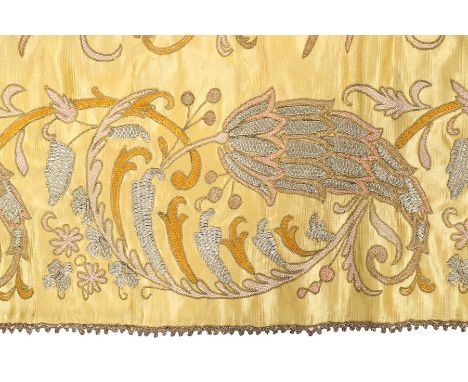 A general group of textiles, including an Ottoman metal thread embroidered yellow satin runner; a printed silk Paisley shawl 