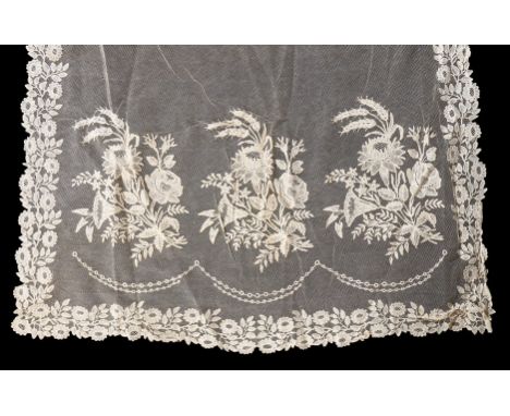 A Honiton bobbin appliqué stole and two bonnet veils, mid 19th century, the stole worked with bouquets of blooms and wheatear