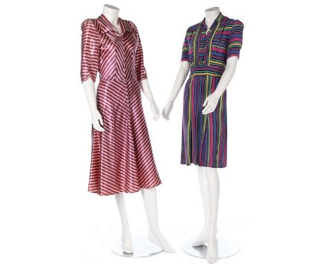 A group of afternoon and dinner-wear, 1940s, nine ensembles, including two boldly striped dresses in shades of purple; black 