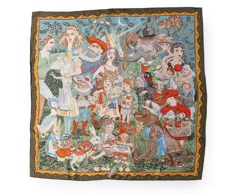An Hermès 'Fairytales' silk scarf designed by Philippe Dumas, 2010, illustrated with classic characters, including Little Red