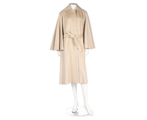 A Marc Bohan for Christian Dior beige wool coat, circa 1975, black Paris label numbered, tie-belt, chest approx 101cm, 40in; 