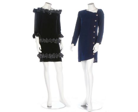 A group of Yves Saint Laurent Rive Gauche cocktail-wear, 1980s-90s, labelled, six ensembles, including a black velvet dress t