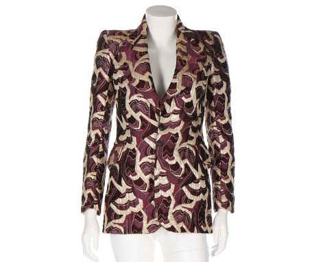 A woman's Antony Price for Sterling Cooper lurex brocatelle jacket, 1971, labelled, in shades of burgundy and gold, of slim-c