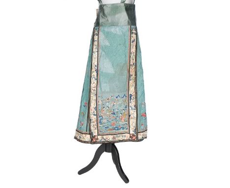 An embroidered blue-green satin skirt, Chinese, late 19th-early 20th century, the front and back panels intricately embroider