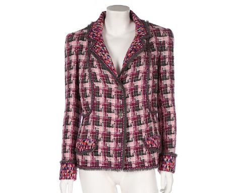 Two Chanel cotton-blend jackets, 2000s, labelled, the first in pink, with decorative gilt button to each pocket; the second w