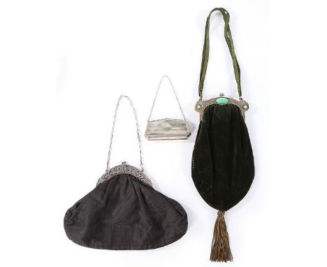 A group of mostly silver plated evening bags, 1920s, approx thirteen, including one with frame depicting trumpet blowing pixi