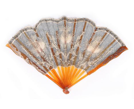 Two J. Duvelleroy fans in original boxes, 1910-20, the first with Brussels mixed lace and monogrammed 'MJS' in rhinestones to