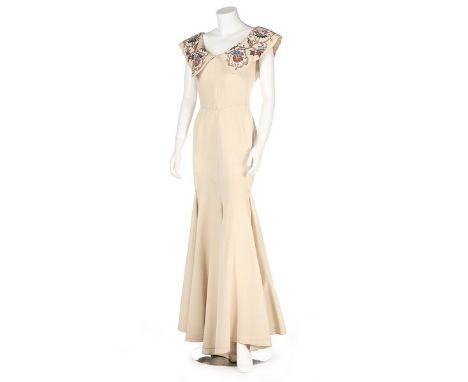 An ivory silk-pique silk evening gown with jewelled collar, late 40s-early 50s, with black on ivory Jeanne Lanvin couture lab